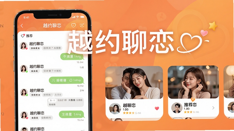 越约聊恋软件主界面预览图,展示简洁的聊天列表与推荐卡片,背景为渐变的暖色调,主体突出应用名称“越约聊恋”,画面明亮清晰,适合作为软件宣传图