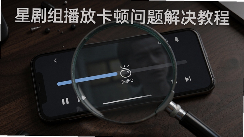 星剧组播放卡顿问题解决教程图,画面中央是一个放大镜正在查看手机屏幕上的播放器进度条,进度条有缓冲图标,背景是深色木纹桌面,风格写实,构图清晰,突出故障排查主题