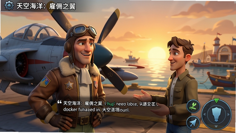 展示《天空海洋:雇佣之翼》游戏剧情对话场景,一名飞行员角色站在战机旁,与NPC进行互动,背景是海港与夕阳,画面风格偏写实卡通,人物表情丰富,UI界面清晰,体现游戏的故事性。