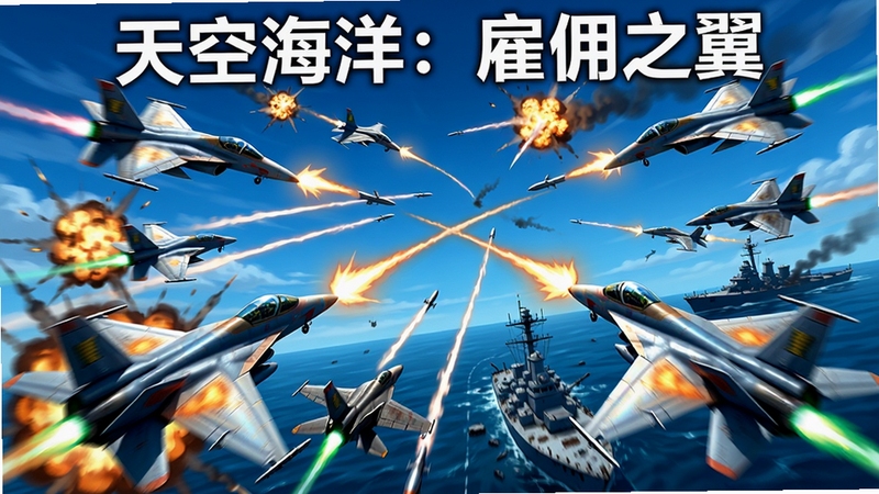 展示《天空海洋:雇佣之翼》多人对战场景,多架战机在空中激烈交火,导弹轨迹与爆炸火光交织,海面上有战舰残骸,画面动感十足,色彩鲜艳,突出多人战斗的热闹氛围与视觉冲击力。