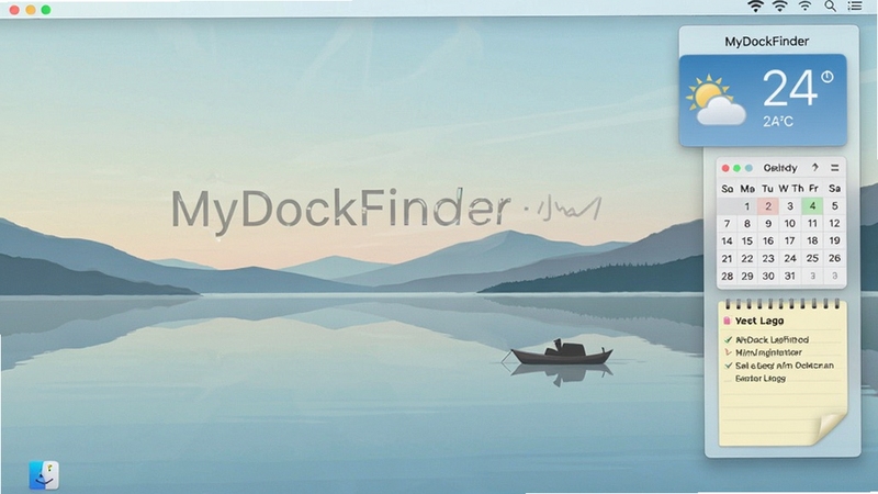 MyDockFinder桌面小组件展示,包括天气、日历和便签,排列在桌面右侧,背景为简洁的风景壁纸,组件风格清新淡雅,体现个性化定制的灵活性