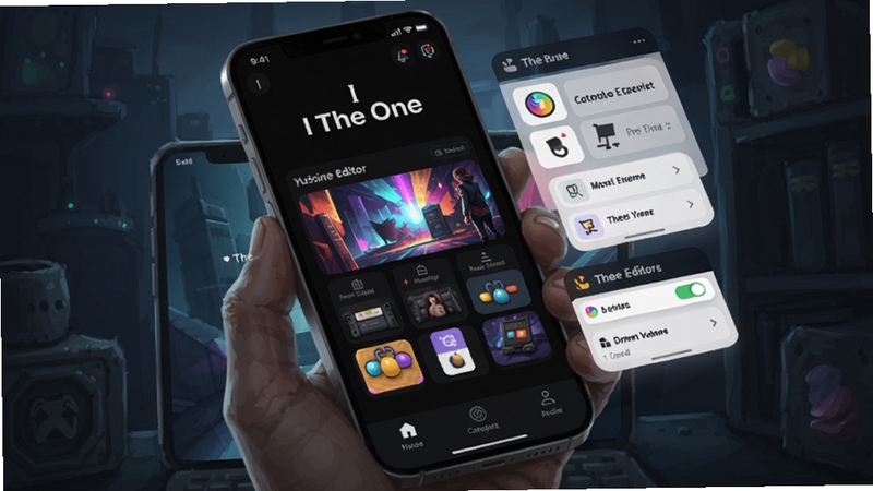Create a wide 16:9 concept art showing the main interface of I The One app on a smartphone screen, with a vibrant customizable theme editor, floating widget panels, and a sleek dark mode background, the app name I The One displayed prominently on the screen, high detail, digital art style