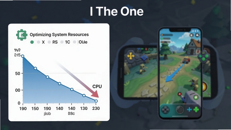 Infographic style image showing a battery-saving mode comparison chart, with I The One optimizing system resources, CPU usage graph dropping, and a smartphone with a smooth running game in the background, clean flat design, app name I The One at the top