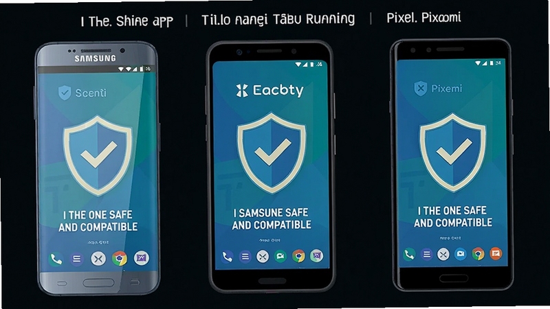 Comparison diagram showing I The One app running on different brand smartphones (Samsung, Xiaomi, Pixel), showcasing the same customized theme across devices, with a shield icon indicating safety, text I The One Safe and Compatible, clean vector illustration