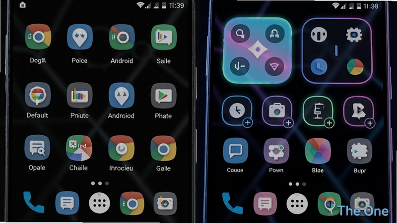 Close-up split-screen comparison showing default Android UI on the left and a fully customized I The One interface on the right, with custom icons, unique widgets, and a futuristic neon color palette, the text I The One watermark in the corner, high quality 3D render