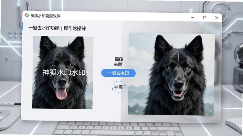 神狐水印克星软件主界面预览图,展示一键去水印功能操作面板,左侧为带水印的图片示例,右侧为去除水印后的干净图片,背景为浅灰色科技感桌面,界面简洁现代,软件名称清晰可见,画面比例16:9,风格写实清晰