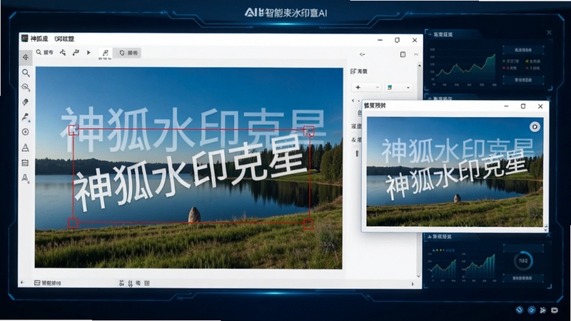 神狐水印克星AI智能识别水印功能演示图,屏幕显示一张带有半透明文字水印的风景照片,软件用红色框自动框选出水印区域,右侧弹出修复预览窗口,背景为深蓝色科技界面,光线明亮,细节丰富,画面比例16:9