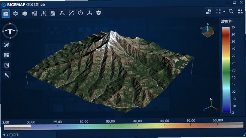 һ��BIGEMAP GIS Office��ά���η��������ͼ��������ʾһ����άɽ��ģ�ͣ��������������Ӱ���������Ҳ����¶ȷ���ͼ�����ײ��и߶ȱ�ߣ������������������Ρ���������Ȱ�ť������Ϊ����ɫ�������棬����Ƽ���ǿ��