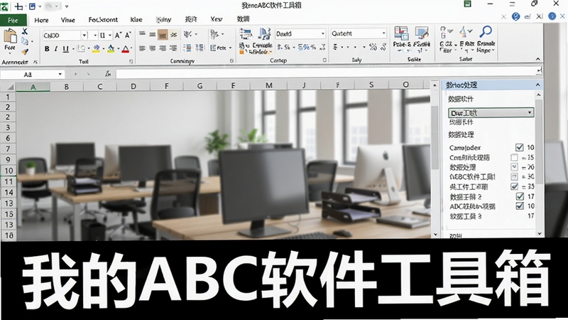 我的ABC软件工具箱Excel批量处理界面,展示多个工作表标签,右侧有数据处理选项,背景为办公环境,强调软件名称我的ABC软件工具箱