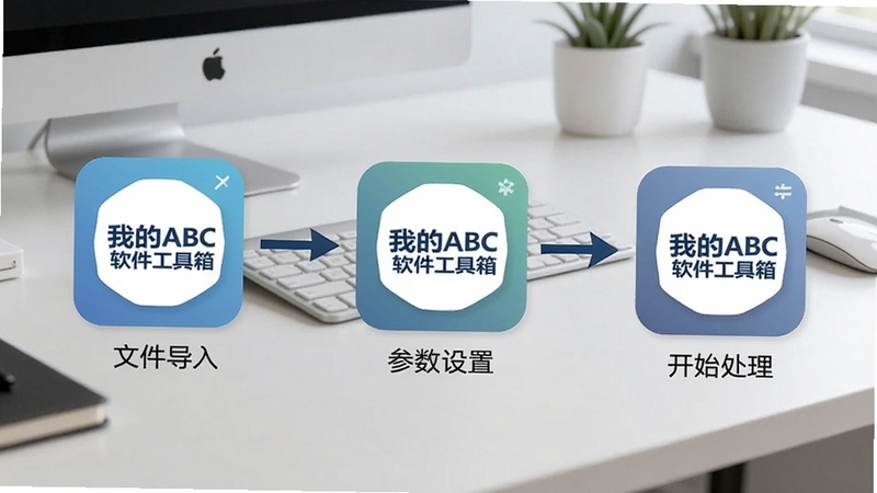 我的ABC软件工具箱批量处理操作流程图,包含文件导入、参数设置、开始处理三个步骤,背景为简约办公桌,软件名称我的ABC软件工具箱出现在流程图标中