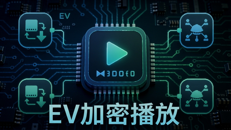 EV加密播放软件的播放内核示意图,背景为电路板风格,中央是播放器图标,周围环绕数据修复与网络连接图标,画面以蓝色与绿色为主,突出软件名称EV加密播放