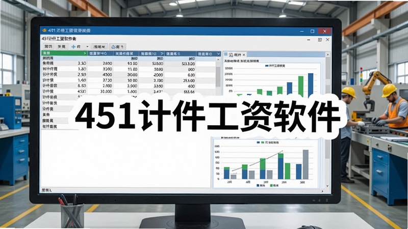 一张现代工厂办公室场景的宽幅电脑截图,屏幕显示451计件工资软件的主界面,包含清晰的计件数据表格与统计图表,背景是忙碌而有序的生产车间,整体画面明亮专业,突出软件的高效与智能,画面中央显示软件名称451计件工资软件
