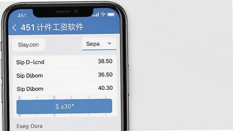 451计件工资软件手机端界面预览图,展示员工查看当日工资的页面,背景为简洁的浅灰色,手机界面清晰显示工资明细与统计图表,带有软件名称451计件工资软件标识