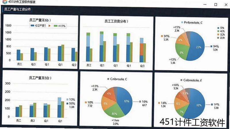 451计件工资软件报表页面预览图,显示多种柱状图和饼图统计员工产量与工资分布,界面干净整洁,数据可视化清晰,右下角带有软件名称451计件工资软件的水印