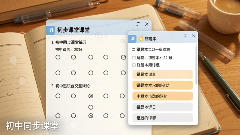初中同步课堂练习答题页面,展示选择题与解析弹窗,错题本列表高亮显示,背景为笔记本与文具,色调温暖,软件名称“初中同步课堂”置于左下角水印