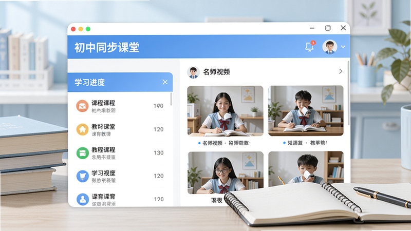 初中同步课堂软件主界面预览图,展示课程列表、学习进度、名师视频缩略图,背景为淡蓝色学习场景,桌面有课本和笔记本,整体风格明亮清晰,适合教育类应用截图展示