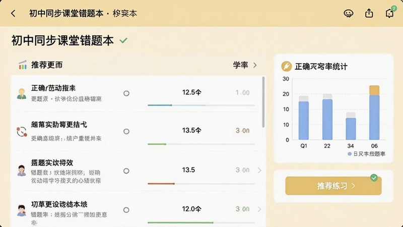 初中同步课堂错题本界面截图,展示错题列表、正确率统计图表和推荐练习入口,背景为淡黄色护眼模式,界面设计简洁,突出学习数据可视化