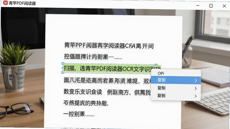 青苹PDF阅读器OCR文字识别功能,扫描文档中的文字被选中并高亮,旁边弹出复制选项菜单,背景为办公桌面,软件名称“青苹PDF阅读器”在窗口顶部显示