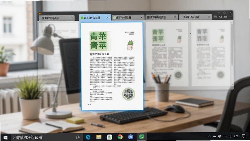 青苹PDF阅读器多标签页界面,多个PDF文档以标签形式排列在顶部,其中一个文档处于激活状态,背景为工作场景,软件名称“青苹PDF阅读器”在任务栏中清晰可见