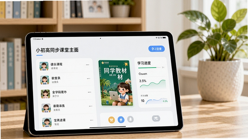 小初高同步课堂主界面预览图,展示课程列表、教材封面和学习进度,画面简洁明亮,突出全学段覆盖与同步辅导功能,前景为平板电脑,背景为书架和绿植,风格清新写实