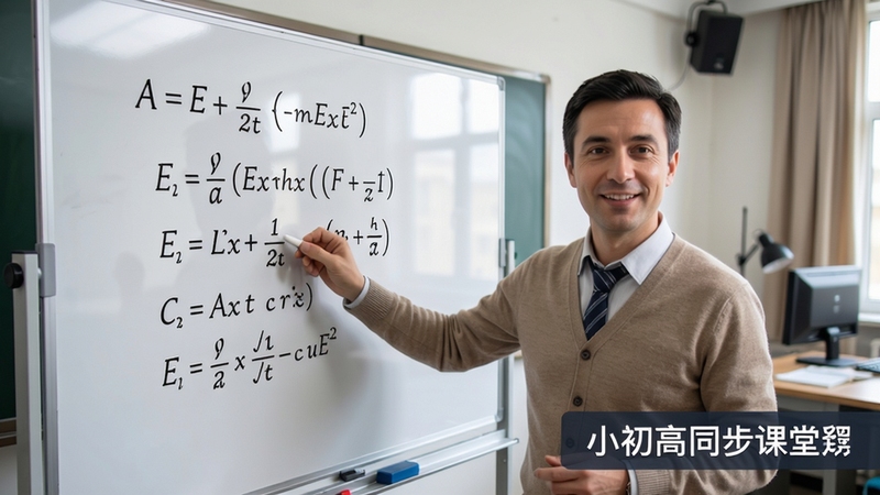 小初高同步课堂名师讲解视频播放界面,教师正在白板前讲解数学公式,画面右下角有课程标题,背景为录课室,风格专业且亲切