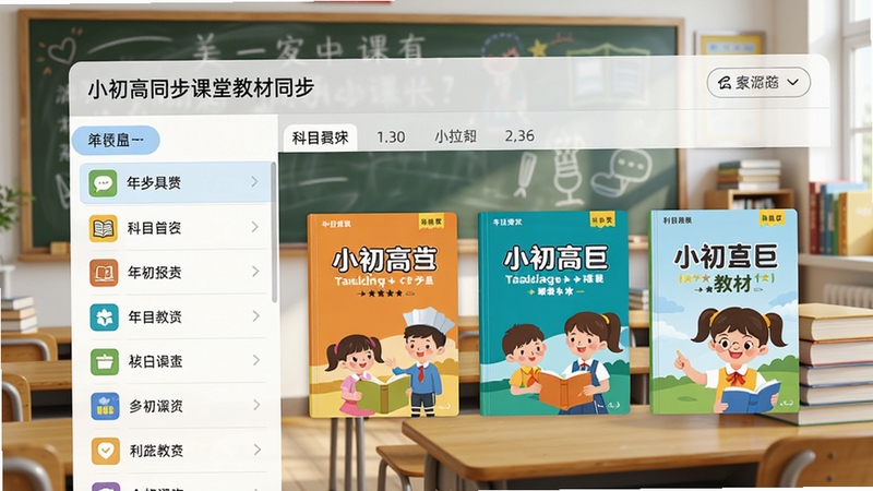 小初高同步课堂教材同步界面,展示不同年级和科目教材封面,界面有列表和筛选标签,背景为教室黑板和书本,风格明亮清晰