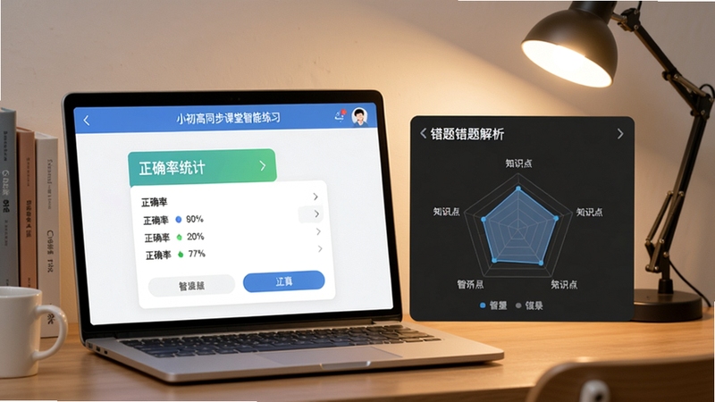小初高同步课堂智能练习界面,展示答题页面和错题解析,屏幕上有正确率统计和知识点雷达图,背景为书桌和台灯,风格简洁现代