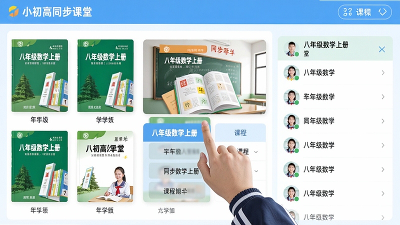 小初高同步课堂的教材同步界面截图,展示各年级各学科教材封面和课程列表,画面中央为一名中学生正在点击选择“八年级数学上册”,界面清晰,色彩明快,突出同步教材功能