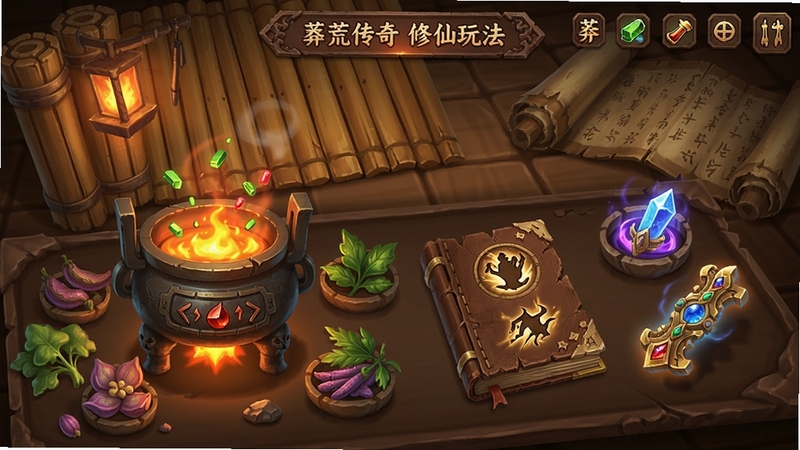 莽荒传奇修仙玩法界面,展示炼丹炉与药材,旁边有技能书与法宝,界面UI设计古朴,色调温暖,背景为竹简与书卷,体现修仙文化元素