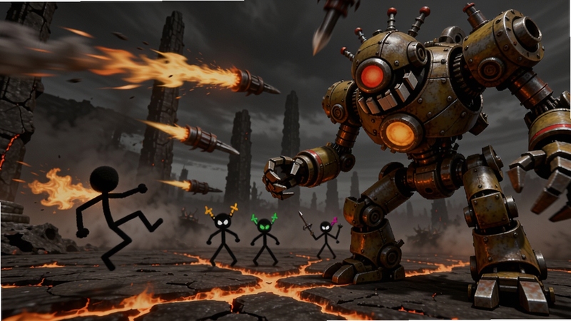 Epic Stickman Boss战场景,巨大机械怪物占据屏幕右侧,火柴人角色在左侧灵活躲避攻击,地面有火焰裂缝,场景宏大,突出紧张刺激的Boss对决氛围