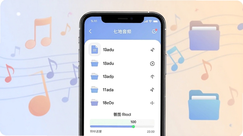 听念手机移动App本地音频导入界面示意图,手机屏幕显示文件选择列表与导入进度条,背景为音乐音符与文件夹图标,色调柔和,突出功能便捷性,适配Boogu模型生成
