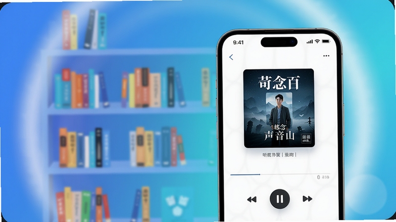 听念手机移动App主界面预览图,展示书架与播放页,背景为渐变色书架与柔和光晕,前景为手机设备,界面清晰展示有声书封面与播放控制条,画面风格简洁现代,色调以蓝色与白色为主,适配Boogu模型生成