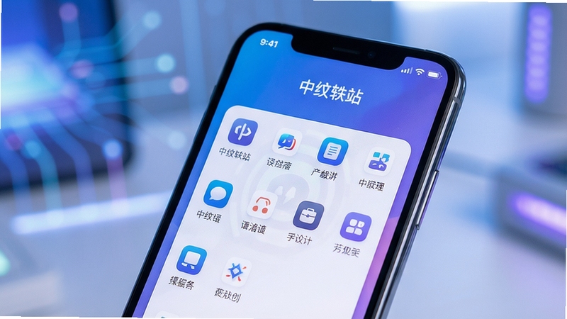 一张智能手机屏幕特写,屏幕界面清晰显示“中纹轶站”应用主界面,界面布局简洁,功能图标排列有序,背景为渐变的蓝紫色科技感氛围,画面主体突出手机屏幕,背景虚化处理,整体风格现代、明亮、高清。
