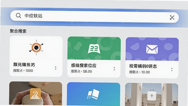 中纹轶站应用内的聚合搜索功能界面,顶部为搜索框,下方展示来自不同来源的卡片式搜索结果,图标各异,色彩丰富,背景为浅灰色的现代UI设计风格,画面清晰,层次分明。