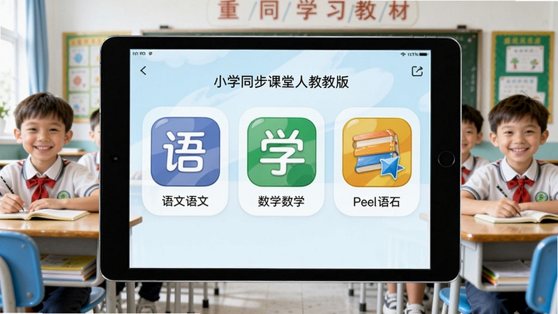 小学同步课堂人教版预览图,画面中央是一台平板电脑,屏幕上显示语文、数学、英语三门课程的图标,背景是明亮的教室和 smiling 的小学生,整体色调活泼清新,突出软件的学习氛围和同步教材的特点