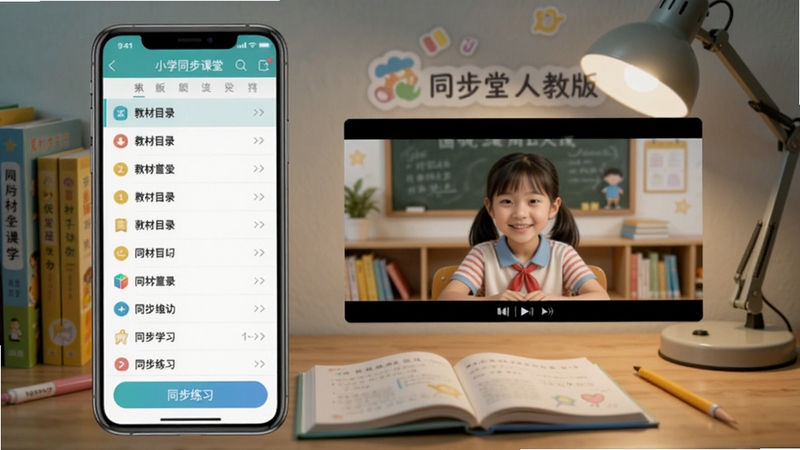 小学同步课堂人教版功能图,画面展示手机端APP界面,左侧是教材目录列表,右侧是视频讲解窗口,下方有同步练习按钮,背景是书桌和台灯,体现课后学习场景