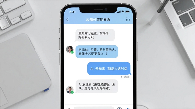 云知AI智能对话界面截图风格预览图,画面展示手机屏幕内对话窗口,用户提问与AI回答气泡交替显示,界面以白色和浅蓝色为主,背景为浅灰色桌面,突出交互清晰、反应迅速的特点。