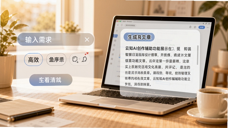 云知AI创作辅助功能展示图,画面左侧为输入需求框,右侧为生成的文章段落,背景采用明亮的工作台场景,配有笔记本电脑和咖啡杯,整体色调温暖,突出高效、便捷、智能的创作体验。