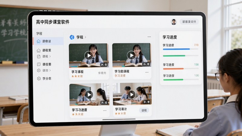 高中同步课堂软件主界面预览图,展示课程列表与学习进度,明亮简洁的界面设计,包含学科分类、视频课程封面、学习进度条,整体风格现代教育科技感,画面清晰,色彩柔和,适合作为软件介绍首图