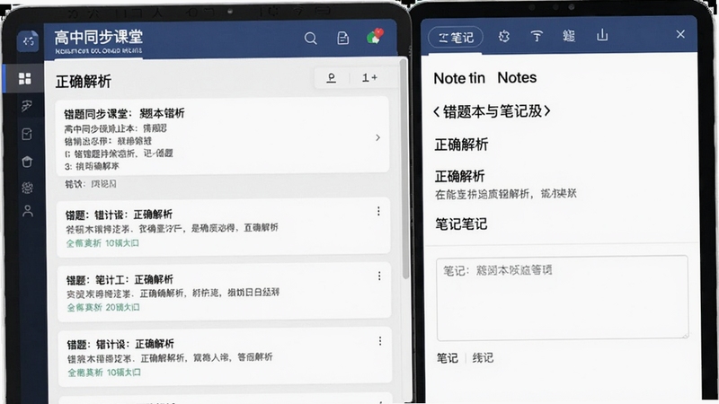 高中同步课堂错题本与笔记功能界面,展示错题列表与笔记编辑页面,包含错题题目、正确解析、笔记输入框,界面简洁实用,突出学习管理功能