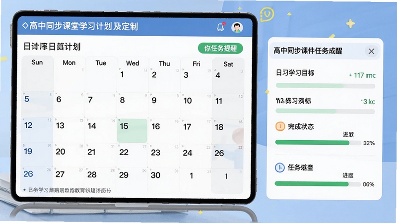 高中同步课堂学习计划定制界面,展示计划日历与任务提醒,包含每日学习目标、完成状态、进度条,界面清晰,鼓励学习,适合教育软件功能介绍图