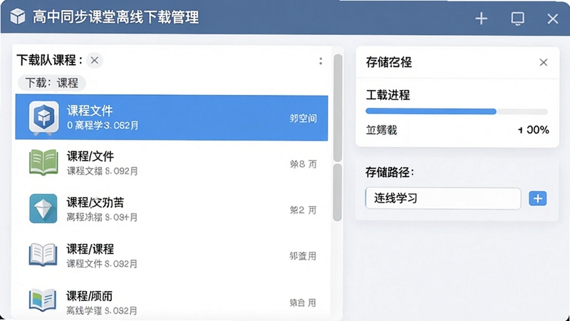 高中同步课堂离线下载管理界面,展示下载队列与存储空间信息,包含课程文件列表、下载进度条、存储路径设置,界面直观,突出离线学习便捷性