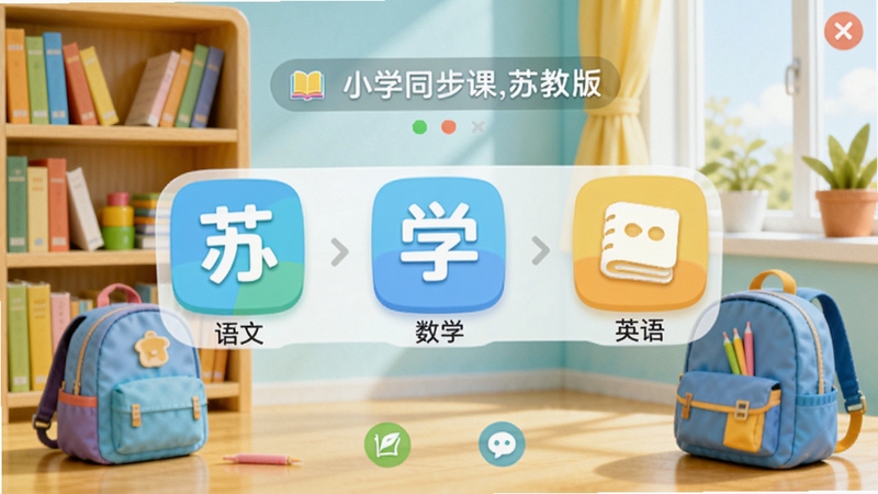 小学同步课堂苏教版软件主界面,展示语文、数学、英语科目图标,背景是明亮的学习场景,有书架、书包元素,整体色调清新活泼,适合小学生使用的教育软件界面设计