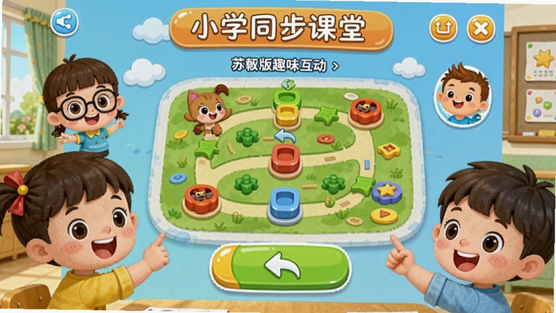 小学同步课堂苏教版趣味互动界面,有卡通角色和闯关地图,孩子点击答题的快乐场景,色彩鲜艳,充满童趣