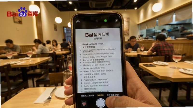 百度翻译拍照翻译功能使用场景图,画面中一部手机对准英文菜单进行拍摄,屏幕上实时显示中文翻译结果,背景为餐厅环境,光线明亮,突出实时翻译的便捷性与实用性
