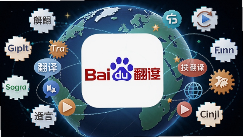 百度翻译多语言支持功能展示图,画面中展示地球仪背景,周围环绕多种语言文字符号,中心位置突出显示百度翻译APP图标,色彩丰富明亮,体现全球化翻译服务理念