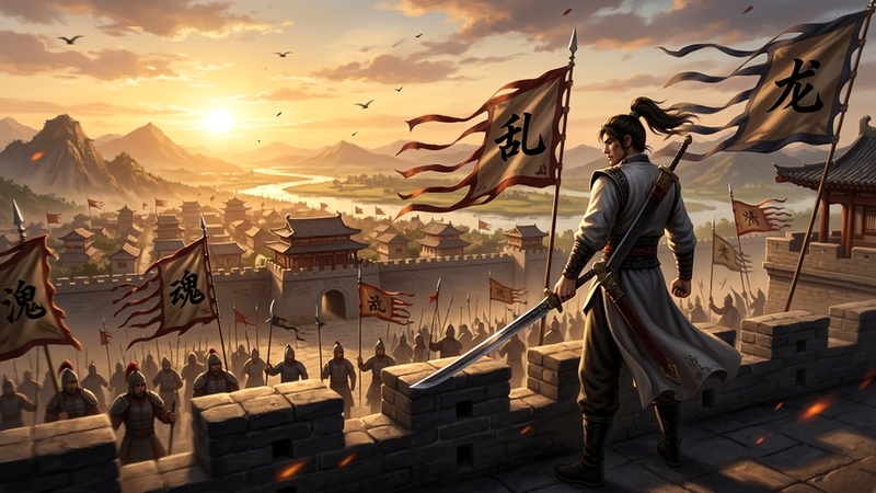 乱世龙魂(江湖热血版)游戏全景预览图,画面展现古代江湖城市与远山,夕阳余晖洒落,一名持刀侠客立于城楼之上,身后是飘扬的战旗与集结的军队,整体色调偏暖,写实风格,强调热血与宏大场面,背景区域为广袤的山河与战场,主体人物位于画面中央偏右,光影层次分明,细节丰富,适合作为游戏宣传图