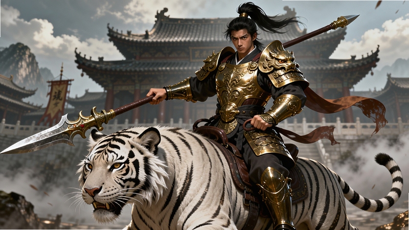 乱世龙魂(江湖热血版)角色展示图,一位身穿华丽金色铠甲、手持长枪的男性侠客骑在一头白色猛虎背上,背景是云雾缭绕的古代宫殿,画面以人物和坐骑为主体,细节精致,光影效果突出,展现角色的霸气与个性,色彩浓郁,风格写实,适合作为角色立绘展示