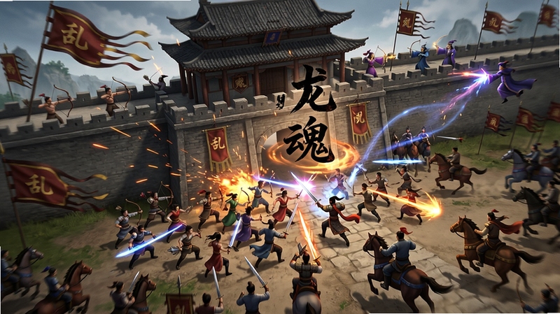 乱世龙魂(江湖热血版)帮会战场景,画面中央是宏伟的古代城门,数百名玩家角色正在激烈交战,刀光剑影与技能特效交织,空中飘散着战旗与火花,城墙上弓箭手与法师齐射,地面骑兵冲锋,整体视角为俯瞰,场面宏大,细节丰富,色彩鲜艳,强调战斗的激烈与帮会兄弟情义