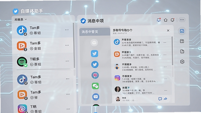自媒体助手多账号管理界面,画面展示多个社交平台Logo排列在左侧账号列表,右侧为统一的消息中心,背景为浅灰色科技感光效,突出软件整合能力与高效管理特性